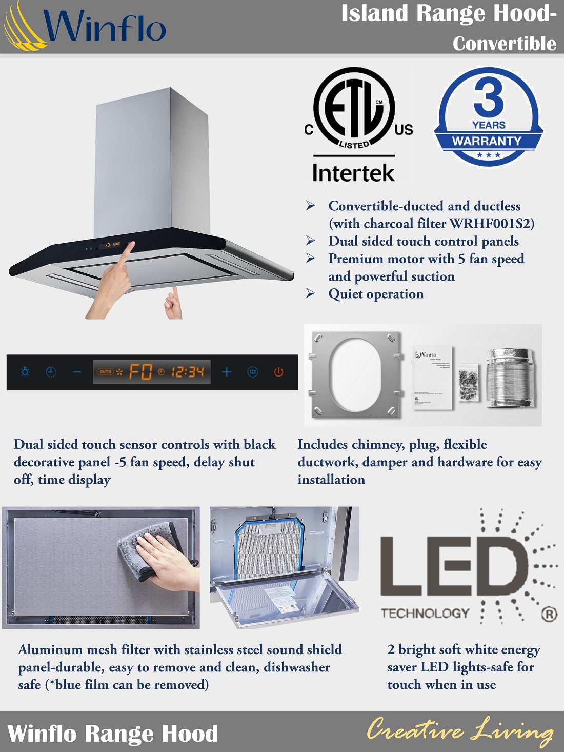 Winflo 30 in. Convertible Island Range Hood in Stainless Steel with